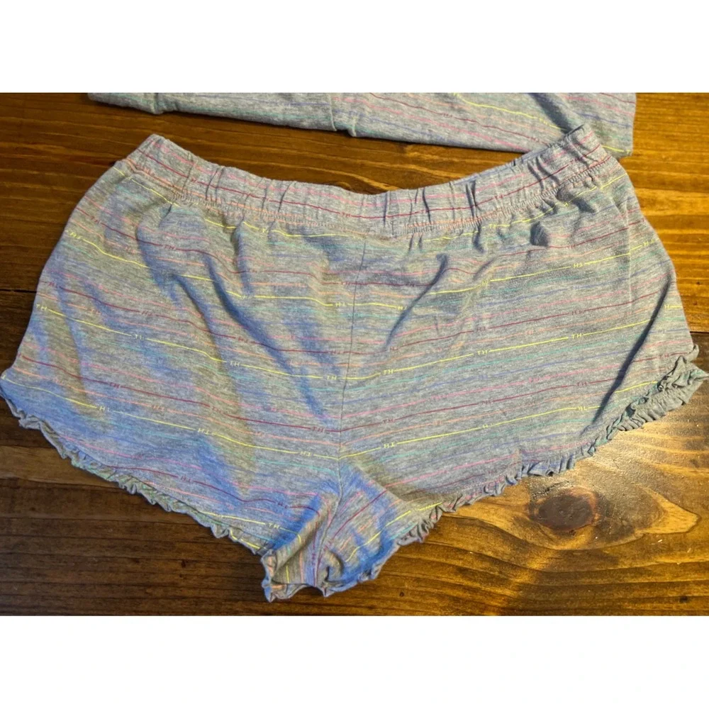 Tommy Hilfiger‎ Pajama Set Womens XL Gray Rainbow Stripe Ruffle EUC